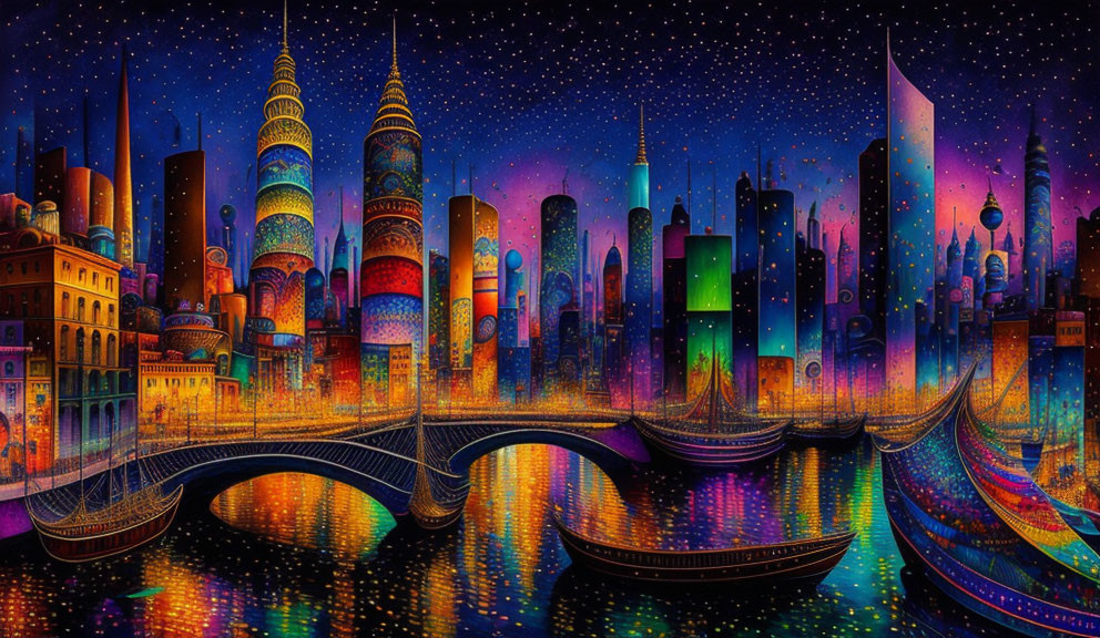 Colorful cityscape at night with diverse architecture and starlit sky.