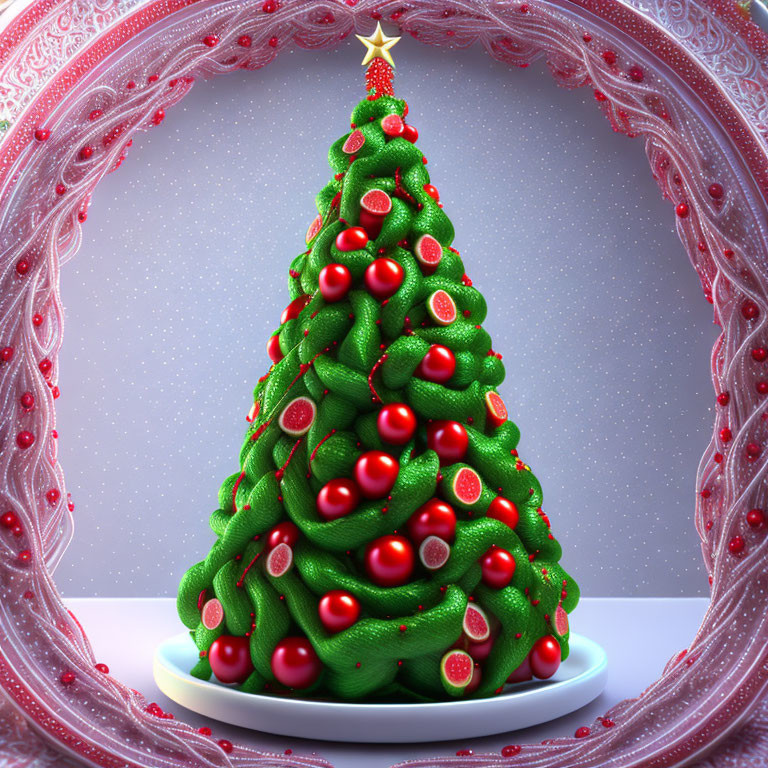 Festive Christmas tree cake with red ornaments and golden star on paisley-patterned border