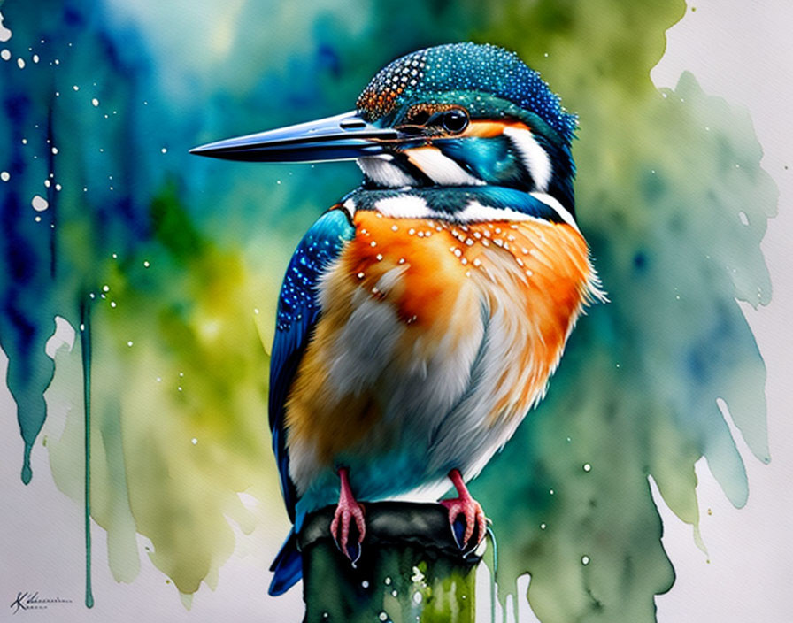 Colorful Kingfisher Bird Painting on Branch with Watercolor Background