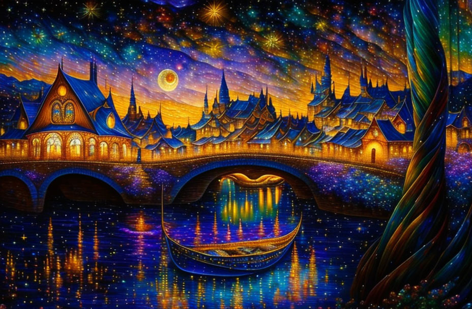 Colorful Fantasy Night Scene with Celestial Sky, Palace, Bridge, and Boat