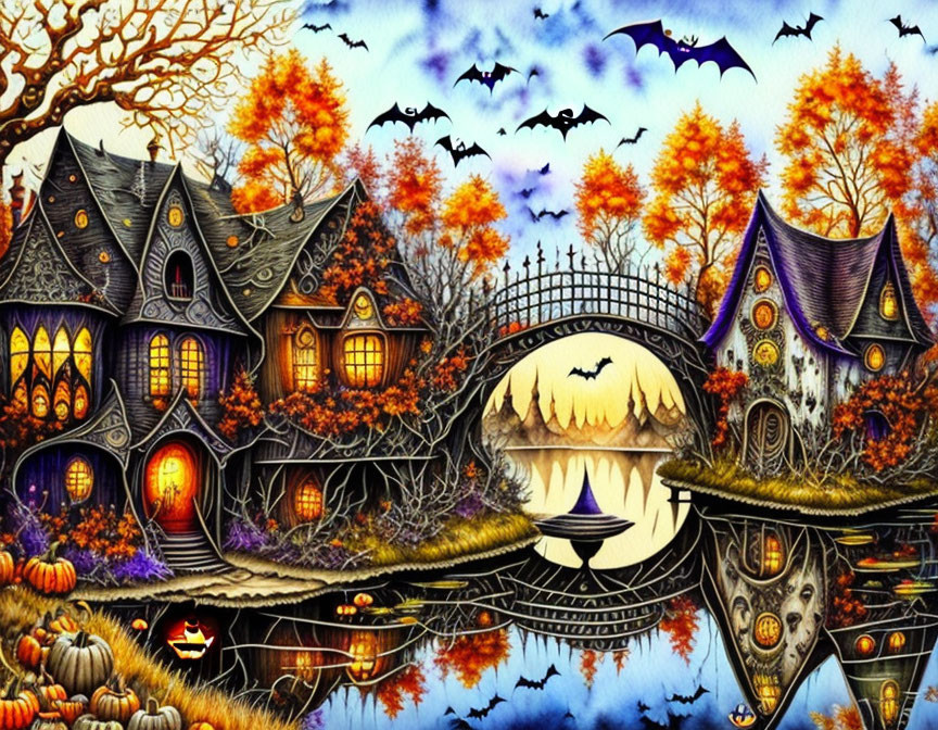 Spooky scene: Two haunted houses, lake, autumn trees, pumpkins, bridge, flying bats