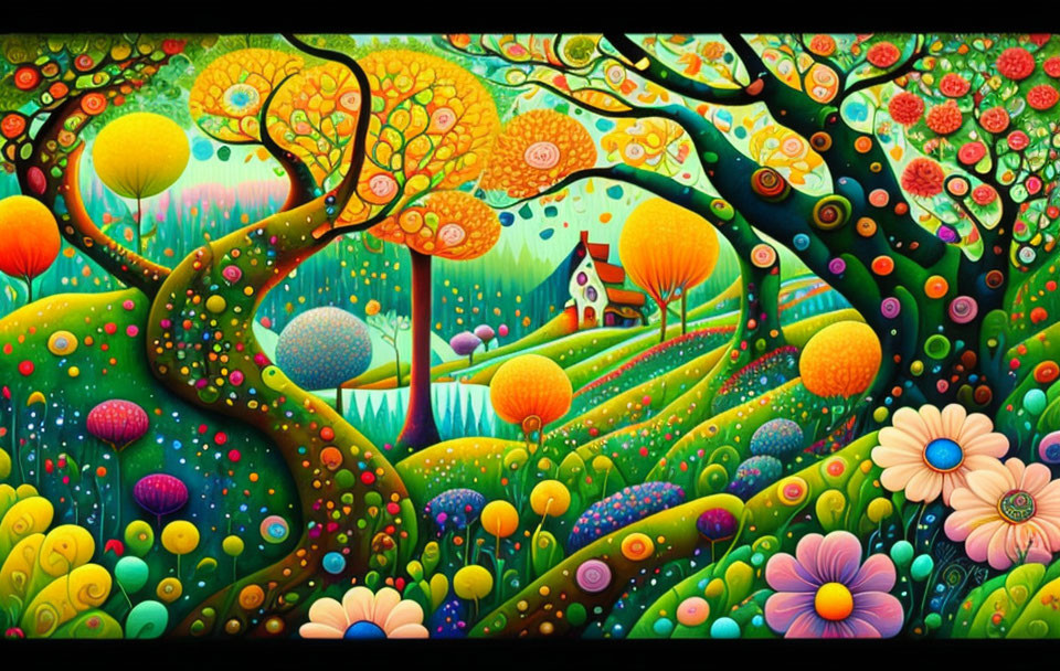 Colorful painting with trees, flowers, shapes, and a small house