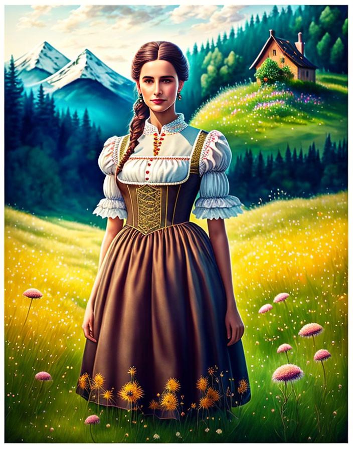 Traditional dress woman in vibrant meadow with mountains and cottage.