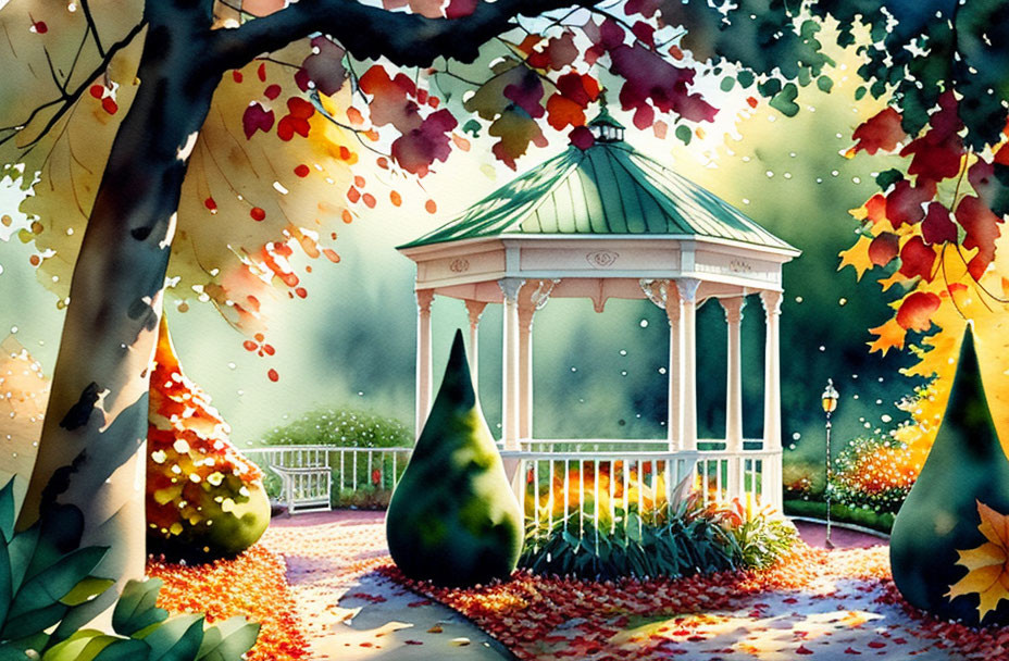 Autumn Gazebo Scene with Foliage and Lampposts