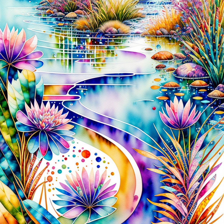 Colorful Artwork: Whimsical Water Garden with Lily Pads & Flowers