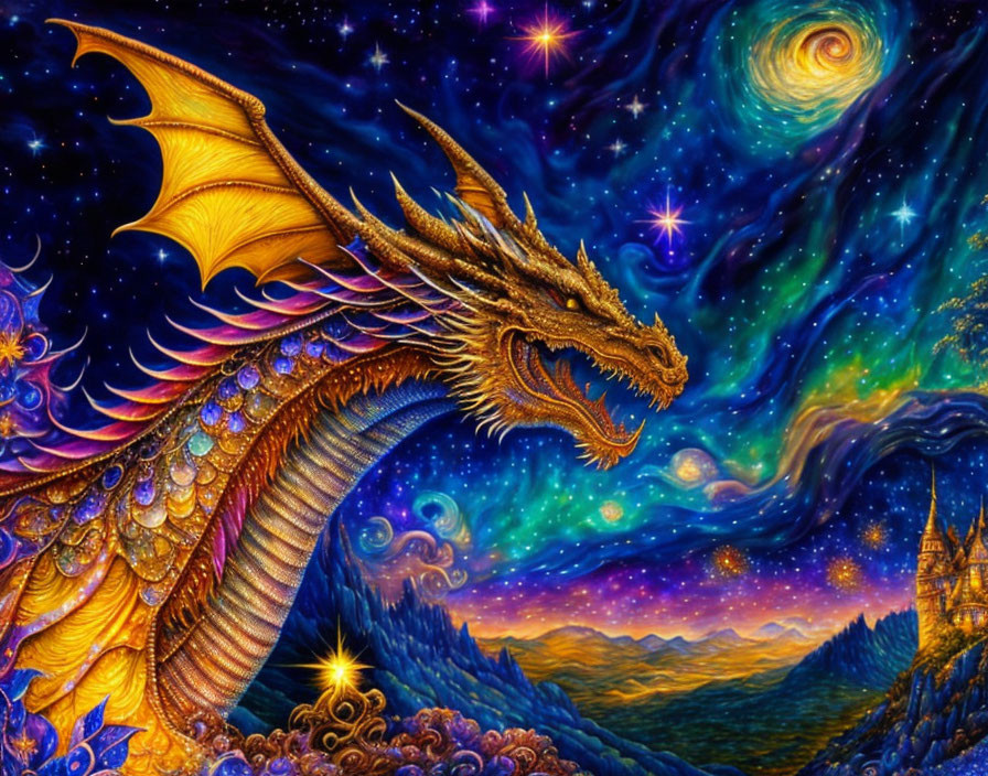 Golden dragon with intricate scales in cosmic background