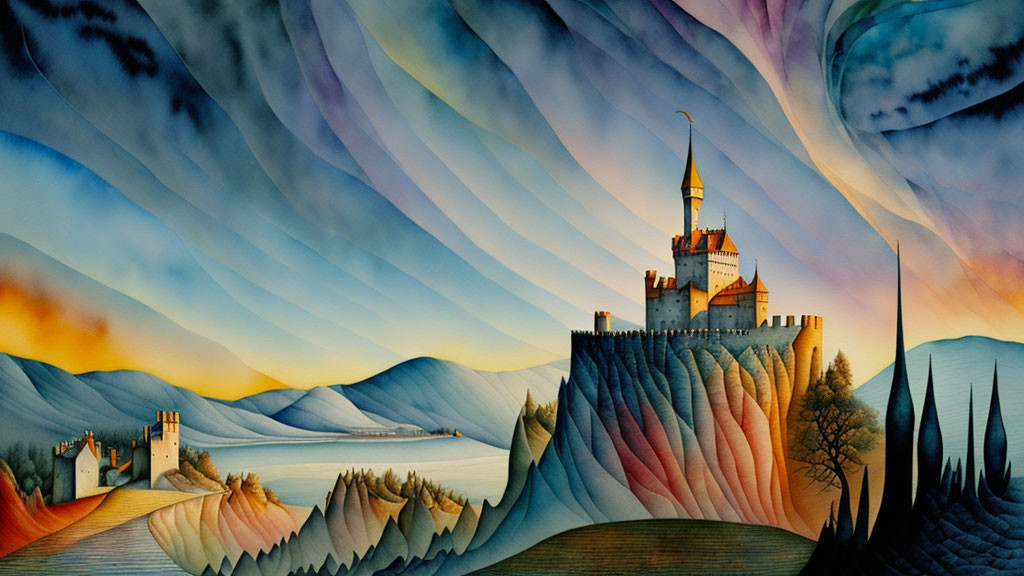 Colorful Fantasy Landscape with Castle, Fortresses, and Serene Lake