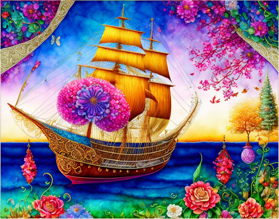 Fantastical ship with floral sails on colorful sea surrounded by flowering trees