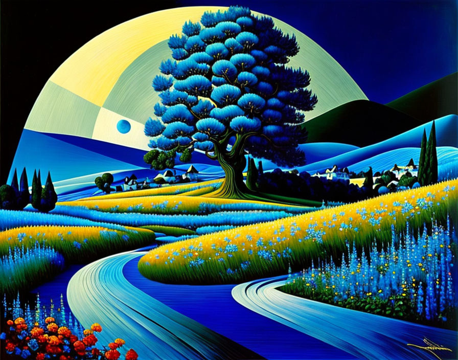 Colorful landscape painting with tree, hills, moon, and flowers.