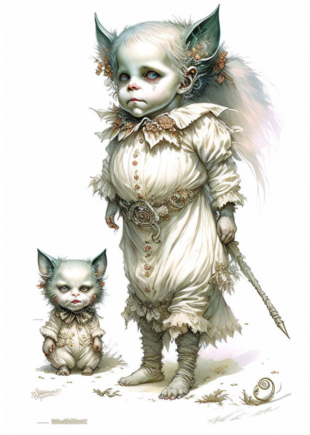 Child with pointed ears and feline features in vintage dress with small cat-like creature and wand