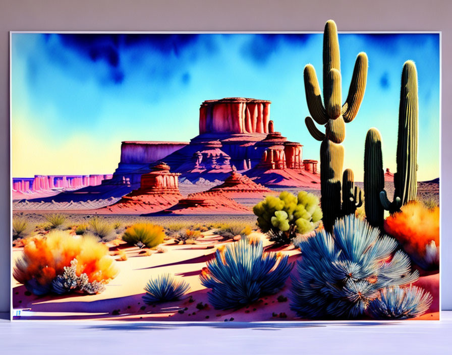 Desert landscape painting with butte and saguaro cacti