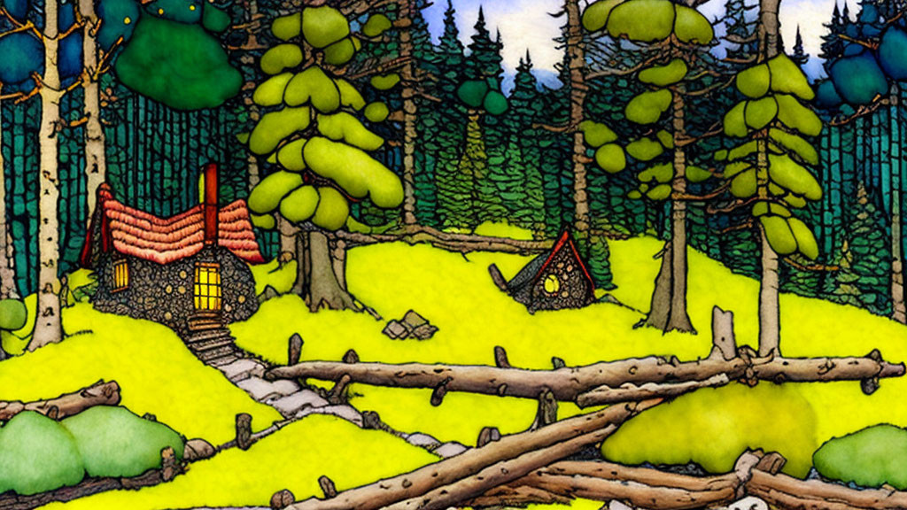 Colorful forest illustration with cozy cottage and glowing ground