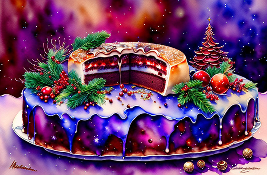 Colorful Christmas cake with tree, berries, and drizzle on purple background