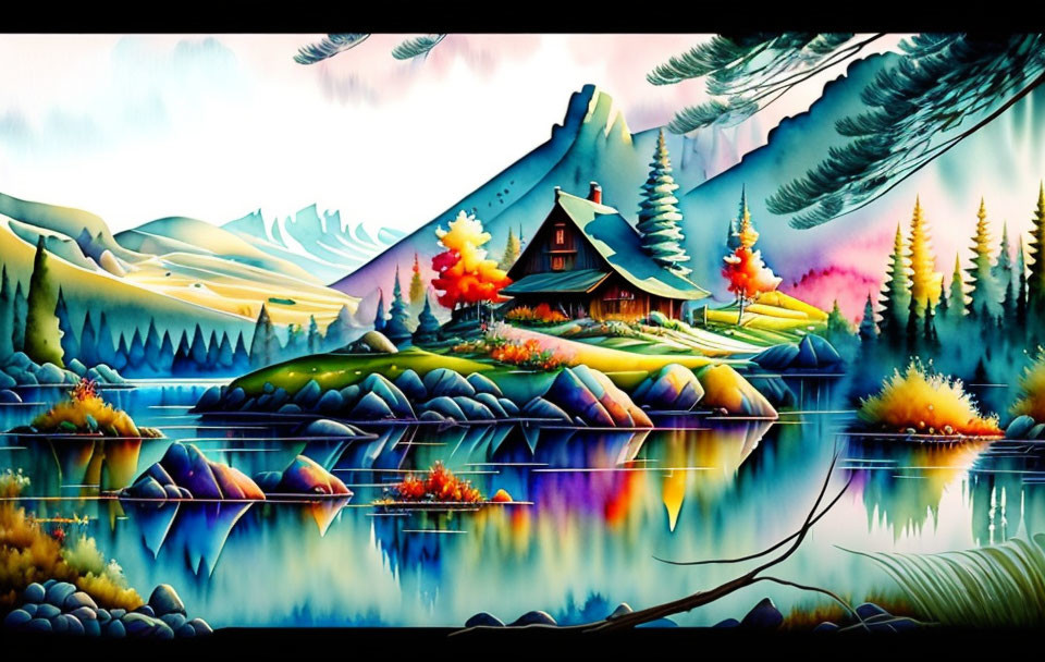 Colorful Landscape Painting: Cottage by Lake in Autumn Setting