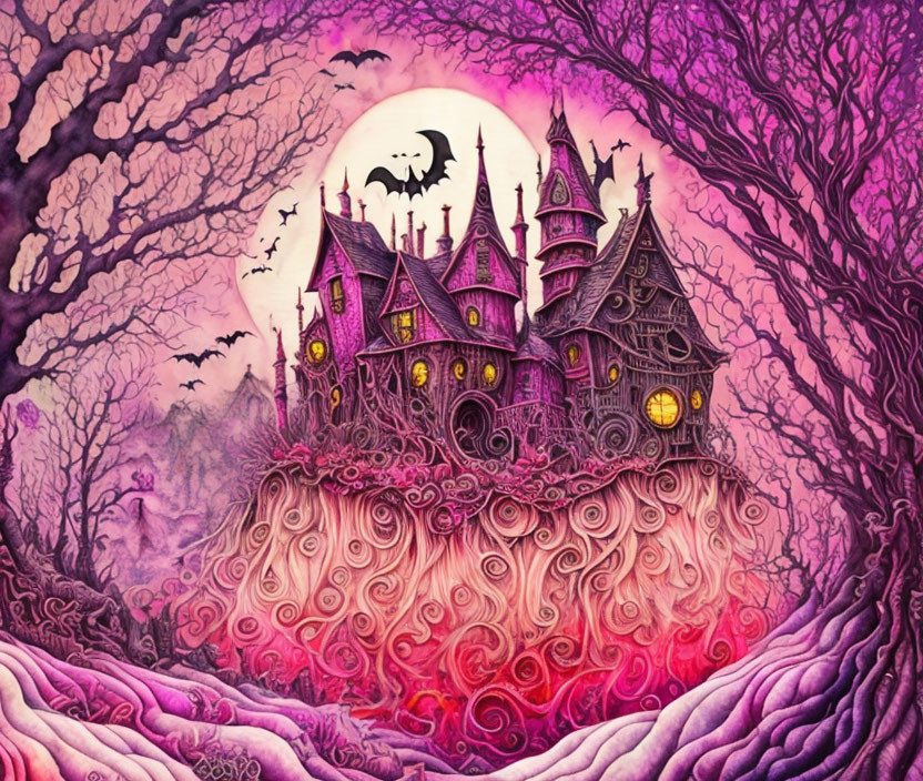 Purple Fantasy Castle with Turrets and Bats in Moonlit Scene