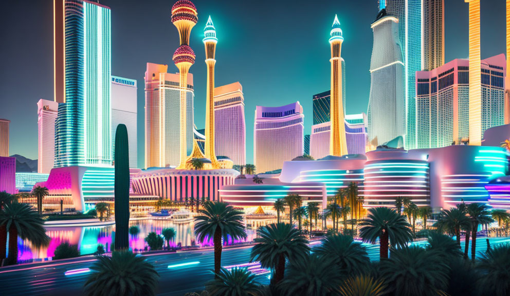 Urban skyline: illuminated skyscrapers, neon lights, palm trees, and twilight sky.