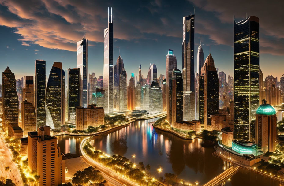 Modern city skyline with illuminated skyscrapers reflecting in calm river at twilight