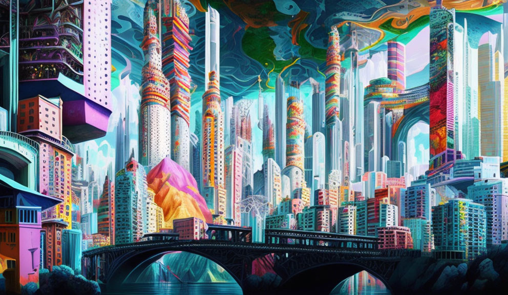 Vibrant futuristic cityscape with skyscrapers and bridge in swirling sky patterns