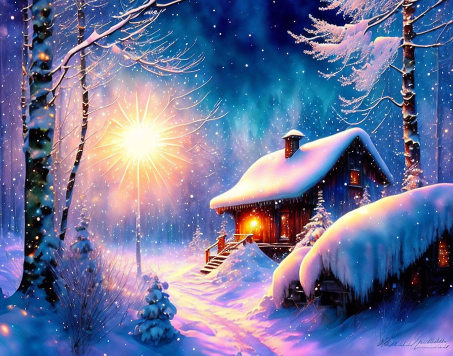 Snow-covered cabin in magical winter night with twinkling stars