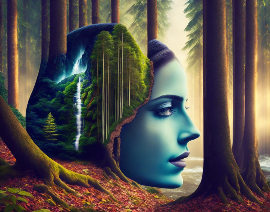 Digital artwork: Woman's profile merges with lush forest, waterfall, and trees in surreal fusion