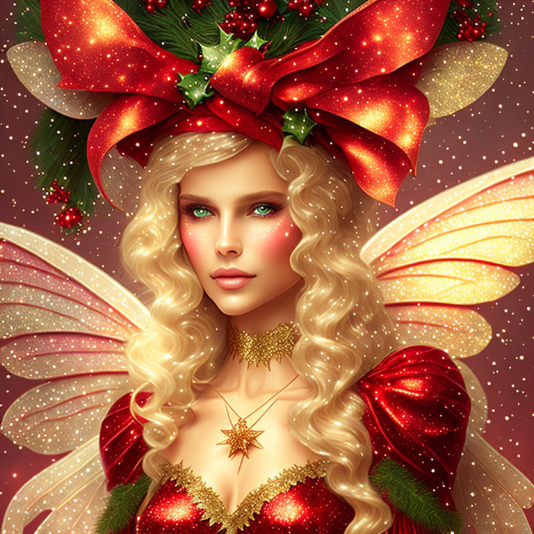 Illustration of woman with angel wings in red and green festive attire