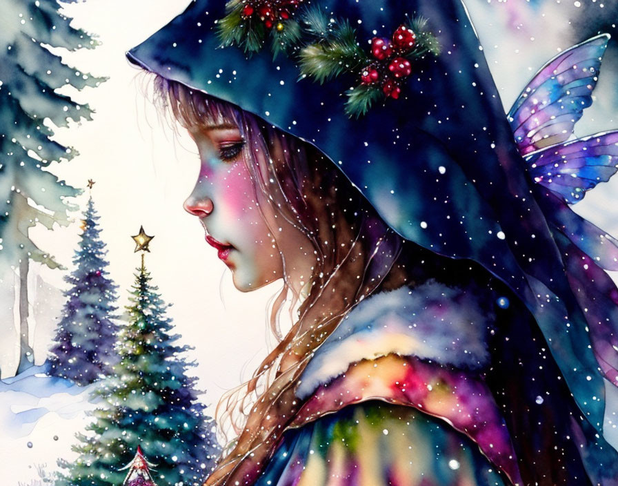 Illustrated female with blue cloak and butterfly wings in snowy landscape