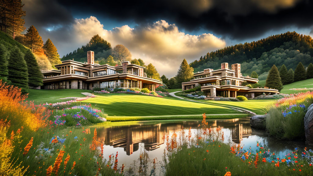 Sprawling Gardens and Reflection Pond in Luxurious Estate at Sunset