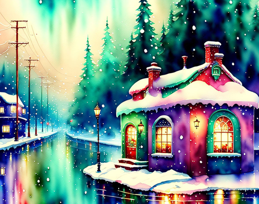 Snow-covered house and winter scenery illustration.