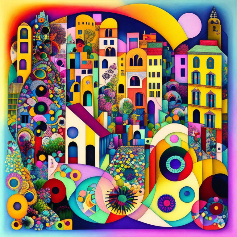 Colorful Abstract Image of Whimsical Buildings, Trees, and Patterns