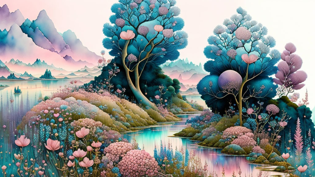 Colorful fantasy landscape with pink and blue flora, river, and misty mountains