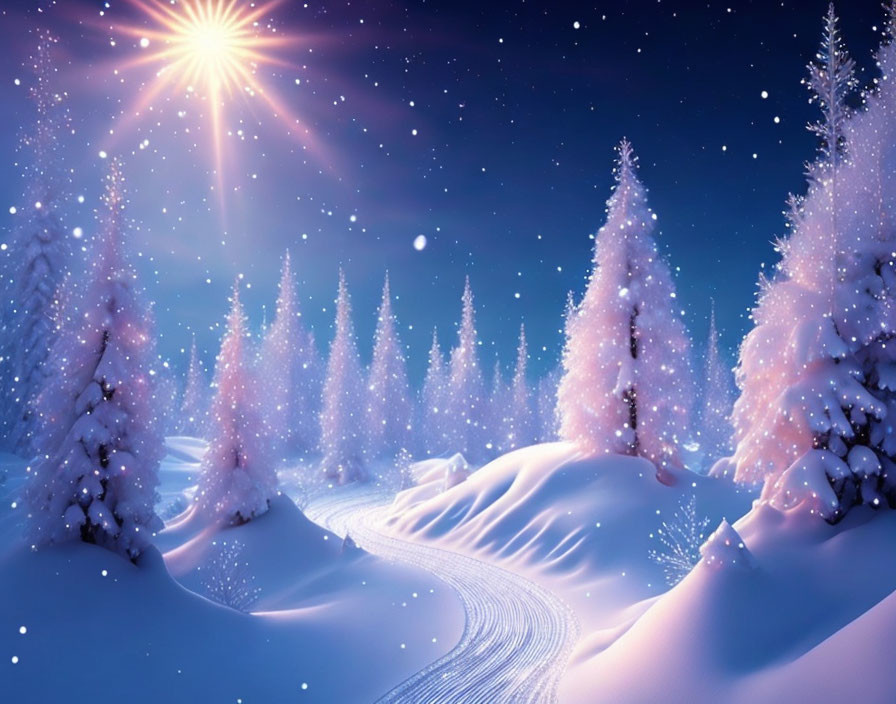 Snow-covered trees under starry sky with winding path and bright star