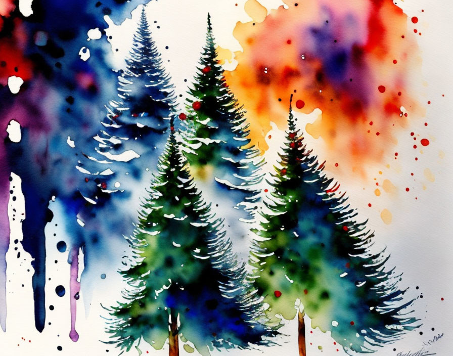 Colorful Watercolor Painting of Evergreen Trees in Abstract Forest Scene