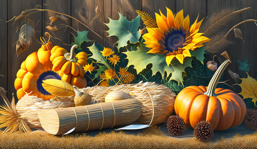 Autumn-themed rustic display with pumpkins, sunflowers, colorful leaves, and hay