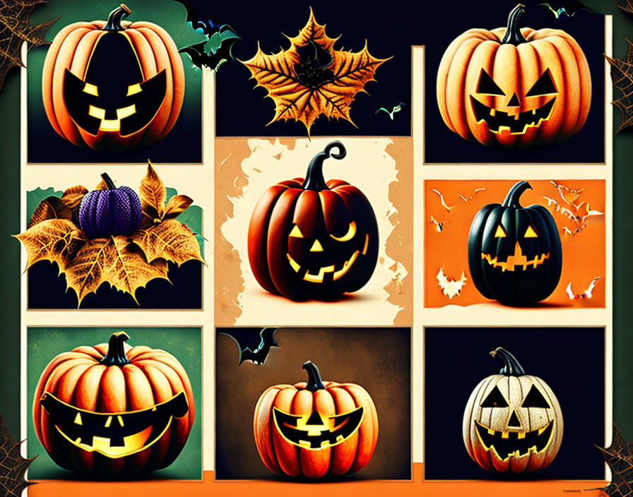 Stylized jack-o'-lantern collage with autumn leaves and bats