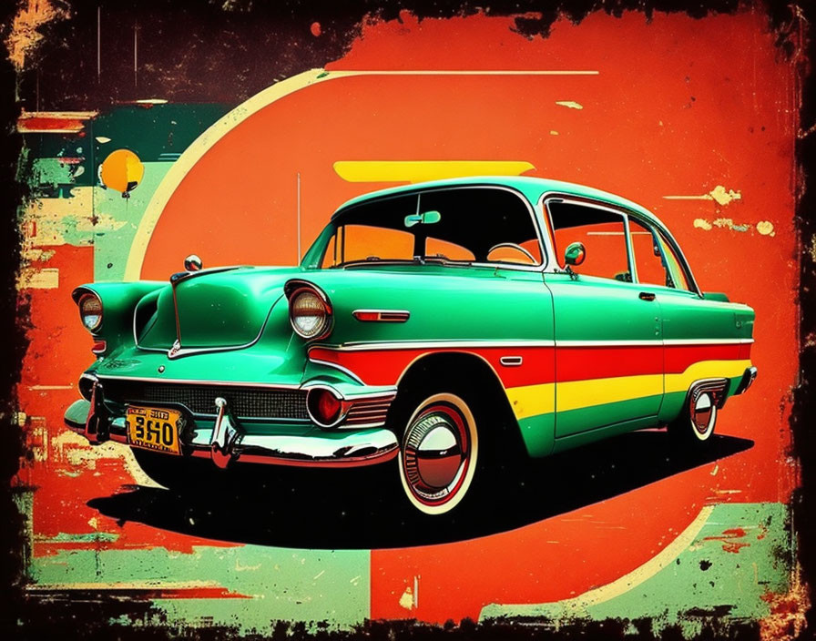 Classic Green and Yellow Car on Retro Red and Orange Background