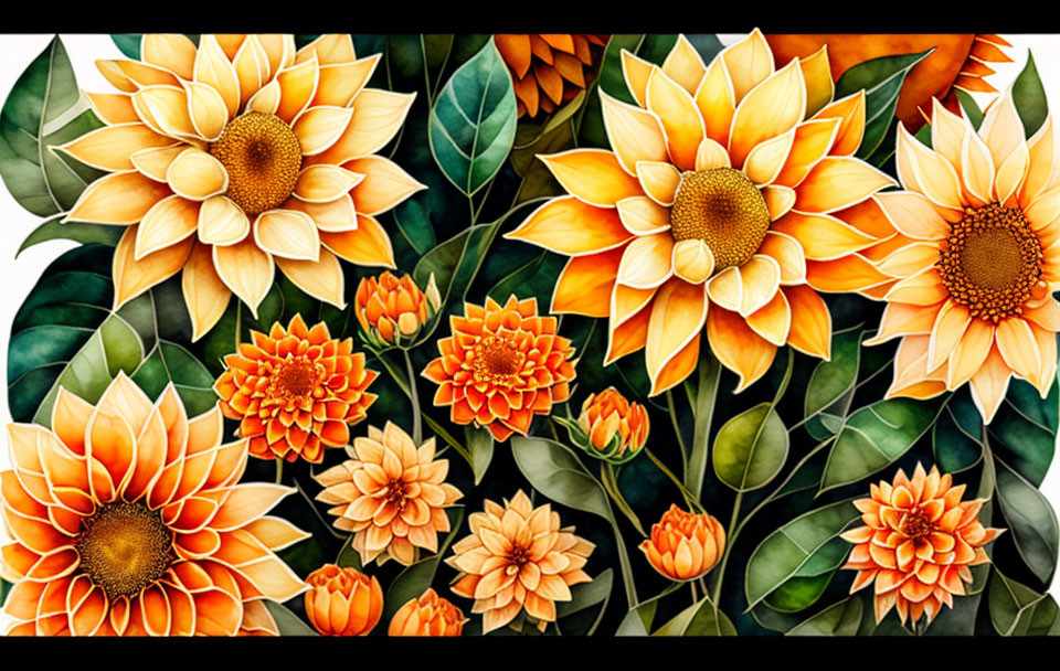 Colorful Botanical Illustration of Orange and Yellow Flowers