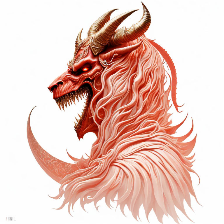 Mythical red and white dragon with horns and ornate patterns