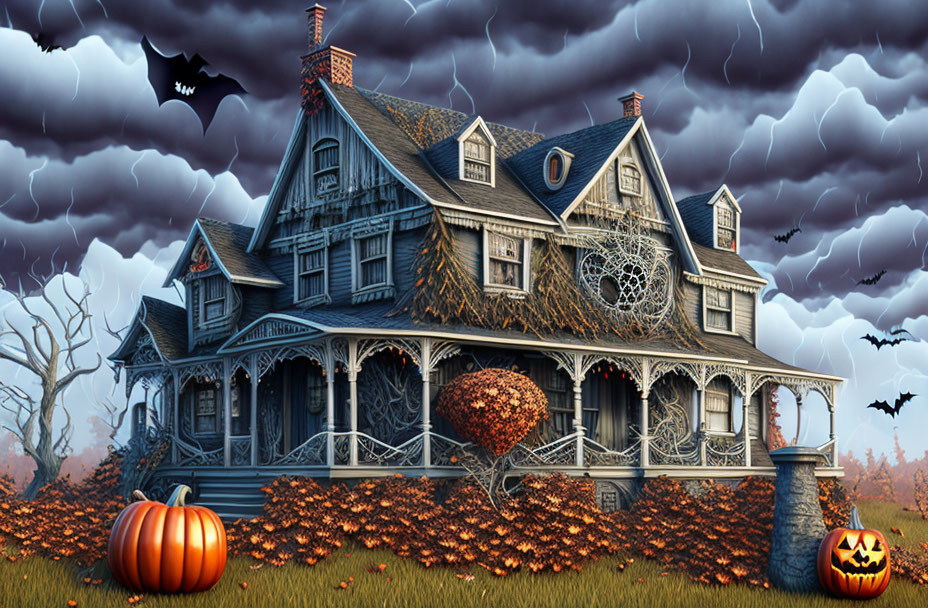 Victorian house with Halloween decorations and bats in autumn setting