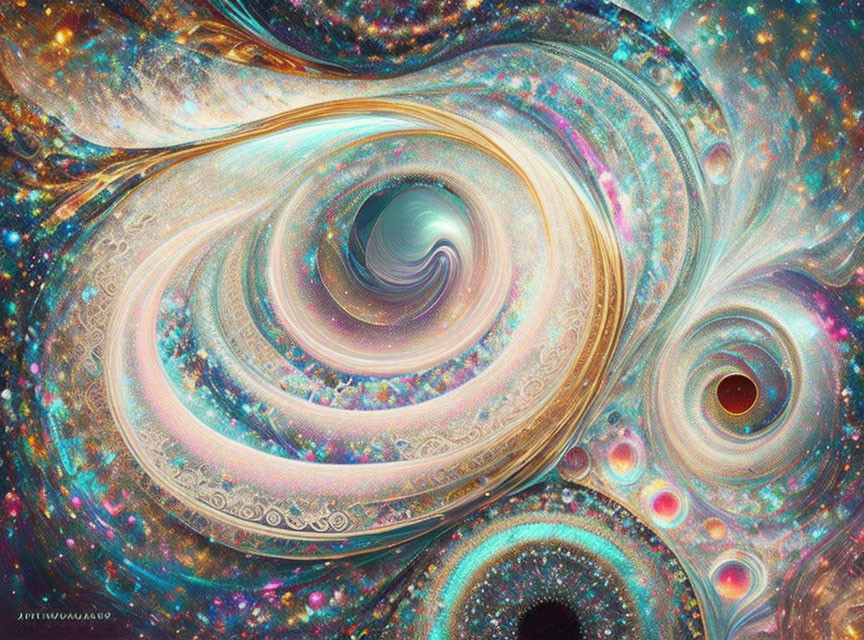 Colorful digital art with swirling cosmic patterns and glittering textures