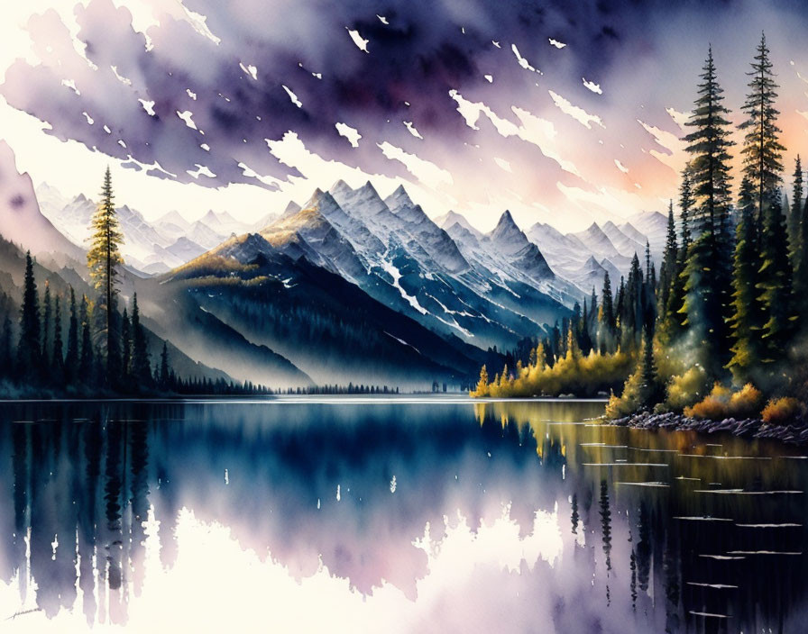 Mountainous Landscape Watercolor Painting: Dusk Reflections in Still Lake