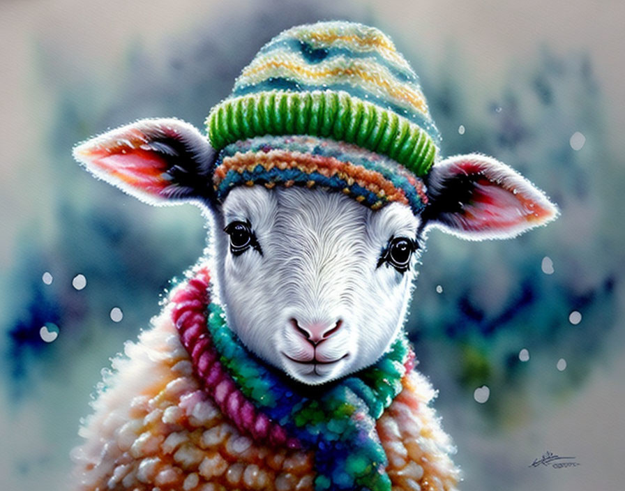 Colorful Knitted Hat and Scarf on Lamb with Falling Snowflakes