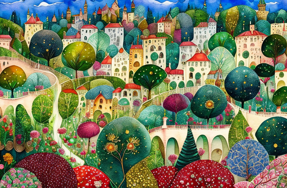 Whimsical fantasy landscape with colorful trees and village