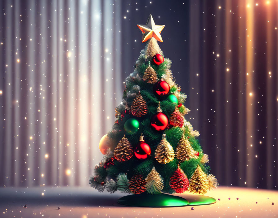 Festive Christmas tree with red ornaments and golden pine cones on shimmering background