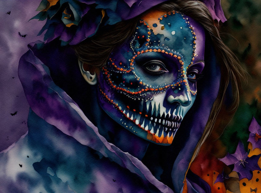 Watercolor painting: Person with half skull face, Dia de los Muertos mask style, autumn leaf