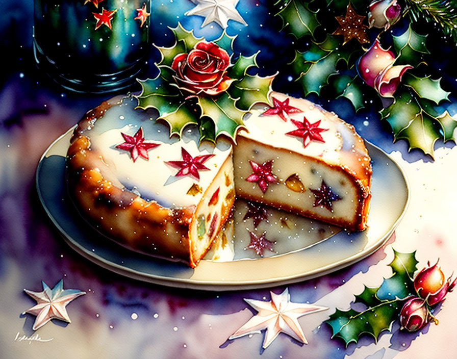 Festive Christmas cake with slice missing, stars, powdered sugar, and holly leaves.