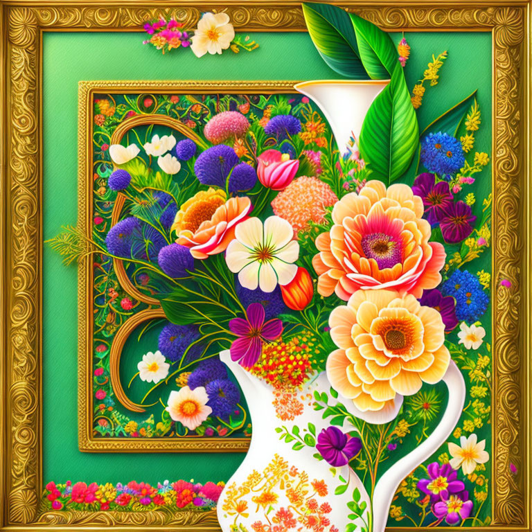 Colorful flowers in white vase digital artwork with golden border