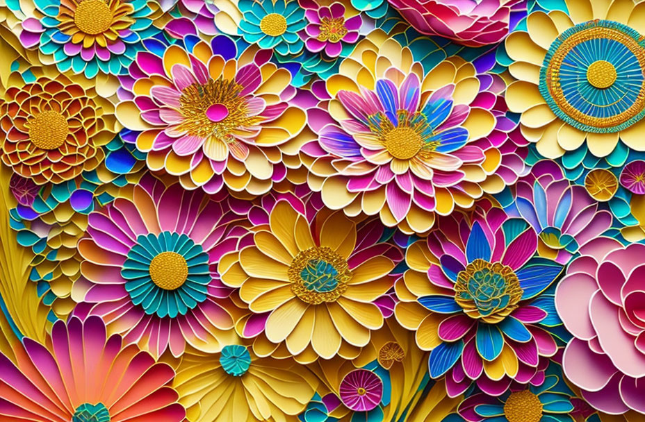 Colorful Layered Paper Flowers in Magenta, Yellow, Blue & Teal