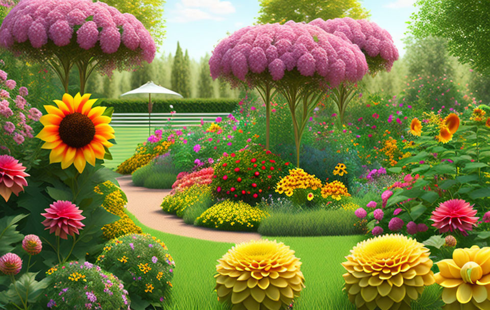 Lush Greenery and Colorful Flowers Along Garden Path