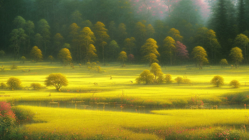 Sunlit meadow with lush trees, colorful flowers, and gentle stream