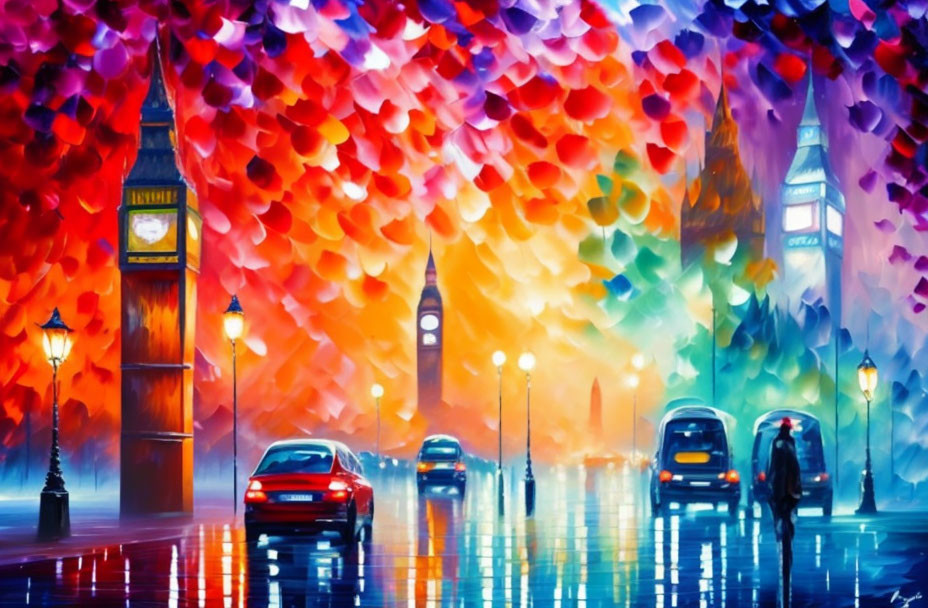 Impressionist-style painting of rainy London street with Big Ben and colorful umbrellas.